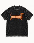 Dachshund Bottom Line First Body Lettering Graphic Washed Tee in Black, flat lay product photo