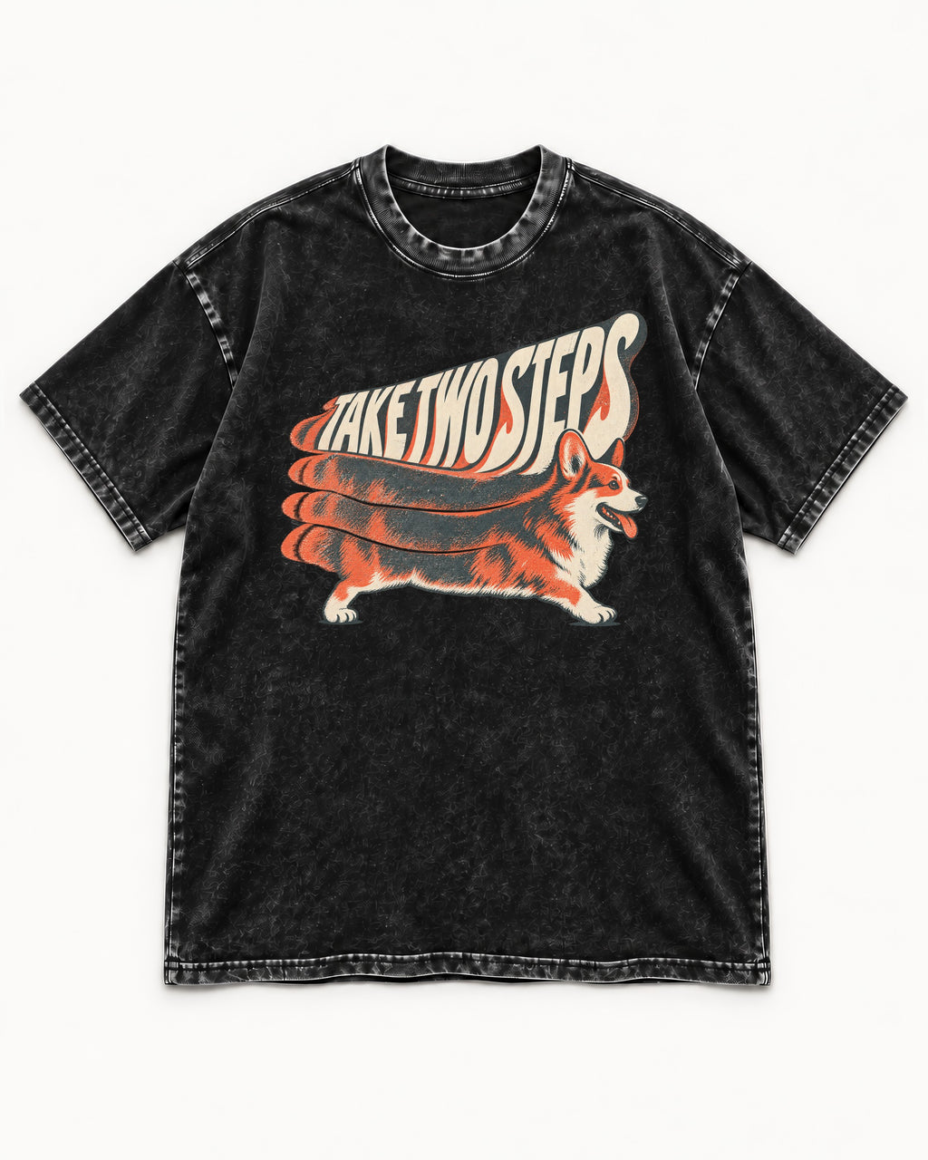 Corgi Take Two Steps Motion Trail Graphic Washed Tee in Black, flat lay product photo