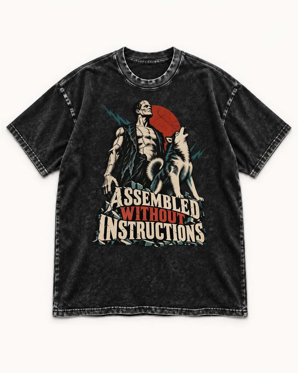 Husky Assembled Without Instructions Frankenstein Graphic Washed Tee in Black, flat lay product photo