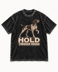 Hold Through Rough German Shorthaired Pointer Washed Tee in Black, flat lay product photo