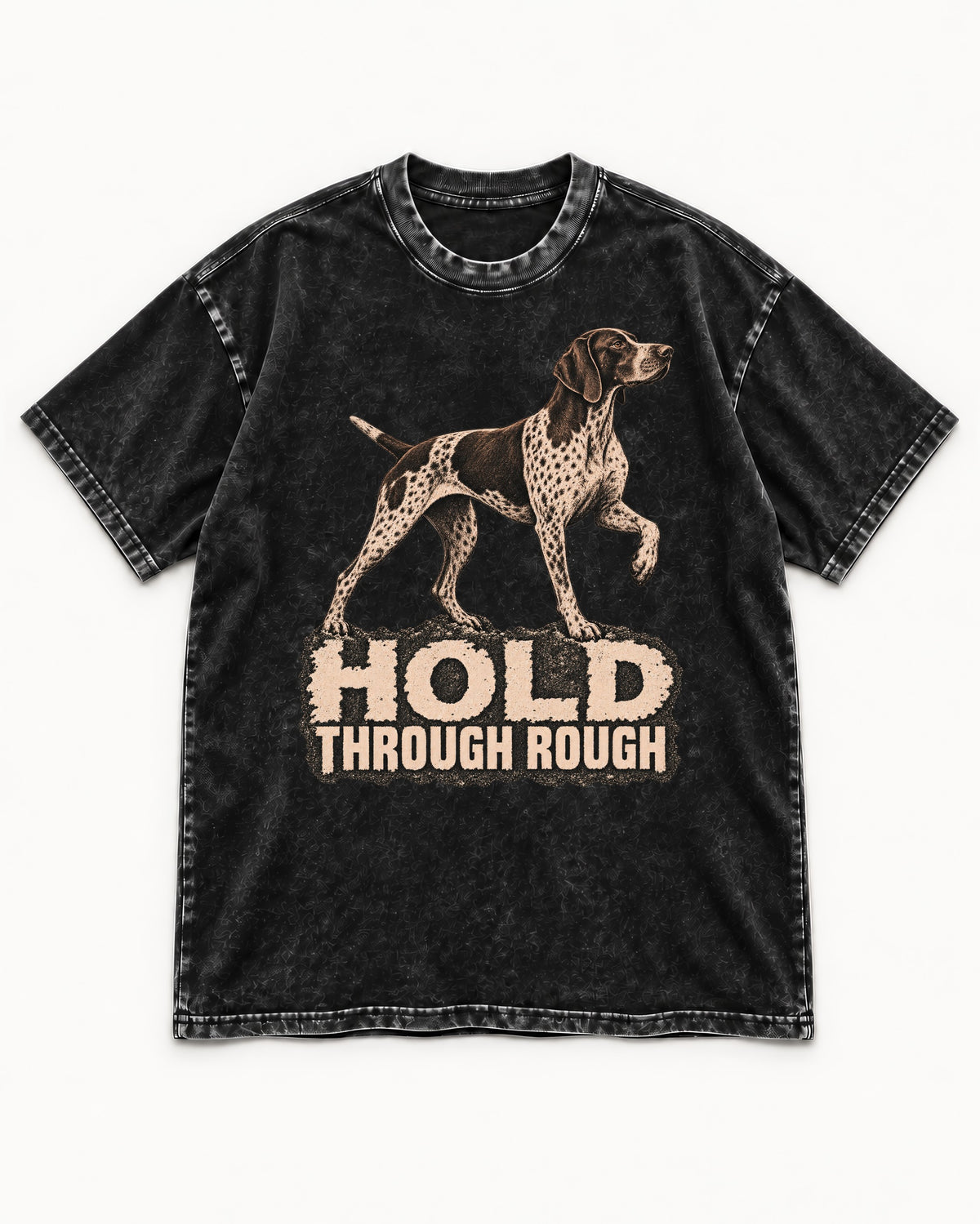 German Shorthaired Pointer Hold Through Rough Vintage Graphic Washed Tee in Black, flat lay product photo