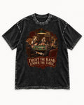 Frenchie Trust the Hand Under the Table Poker Dogs Graphic Washed Tee in Black, flat lay product photo