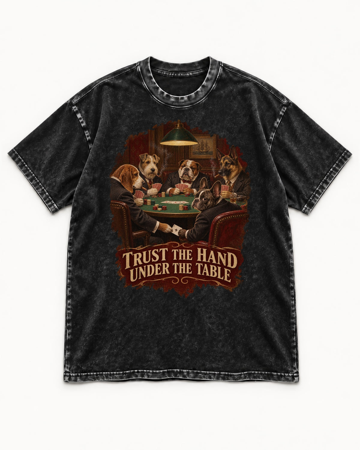 Frenchie Trust the Hand Under the Table Poker Dogs Graphic Washed Tee in Black, flat lay product photo