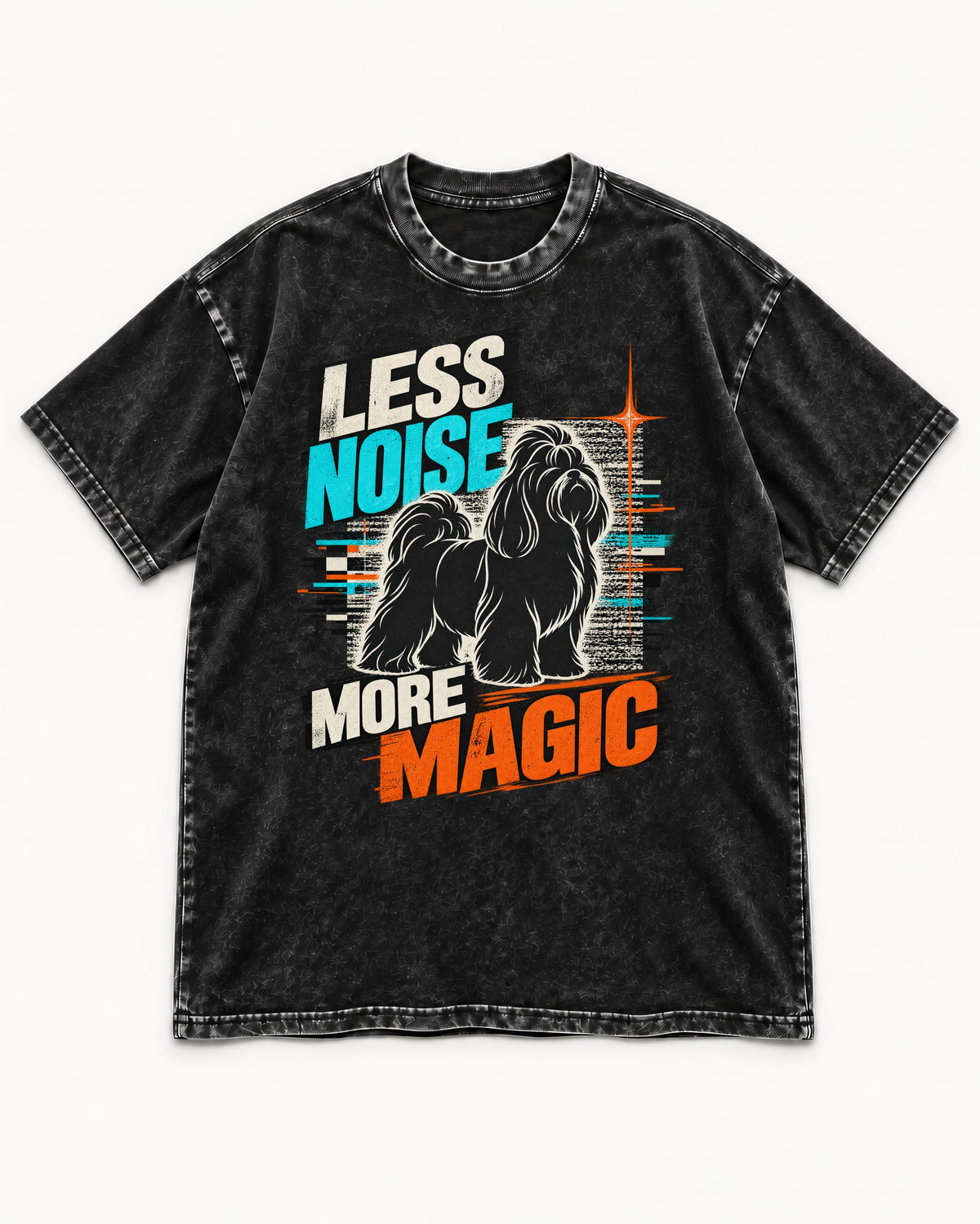 Shih Tzu Less Noise More Magic Pop Art Graphic Washed Tee in Black, flat lay product photo