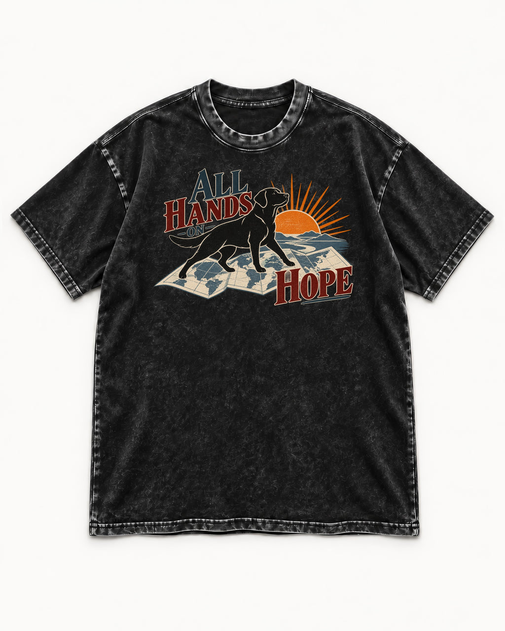 Labrador Retriever All Hands on Hope Map Sunrise Graphic Washed Tee in Black, flat lay product photo