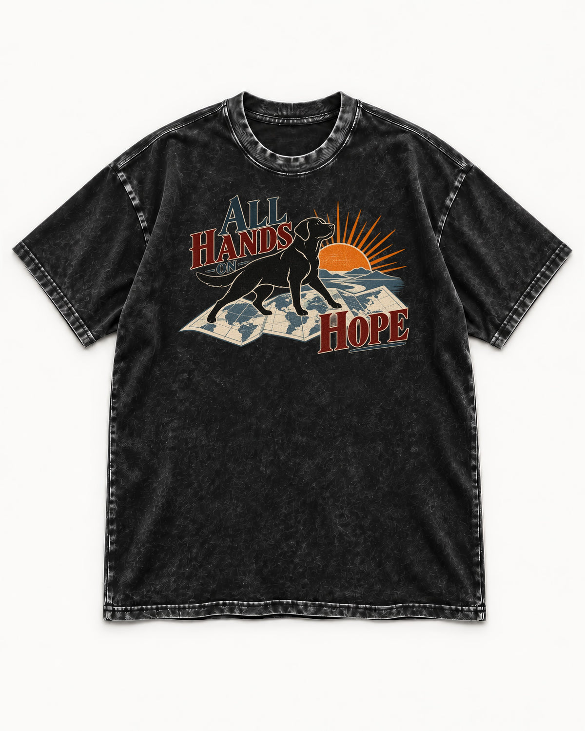 Labrador Retriever All Hands on Hope Map Sunrise Graphic Washed Tee in Black, flat lay product photo