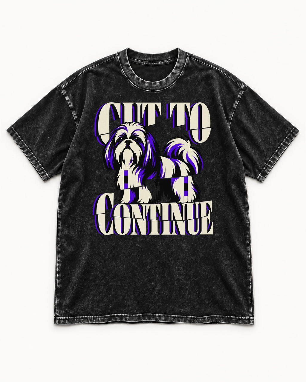 Shih Tzu Cut to Continue Dimensional Typography Graphic Washed Tee in Black, flat lay product photo