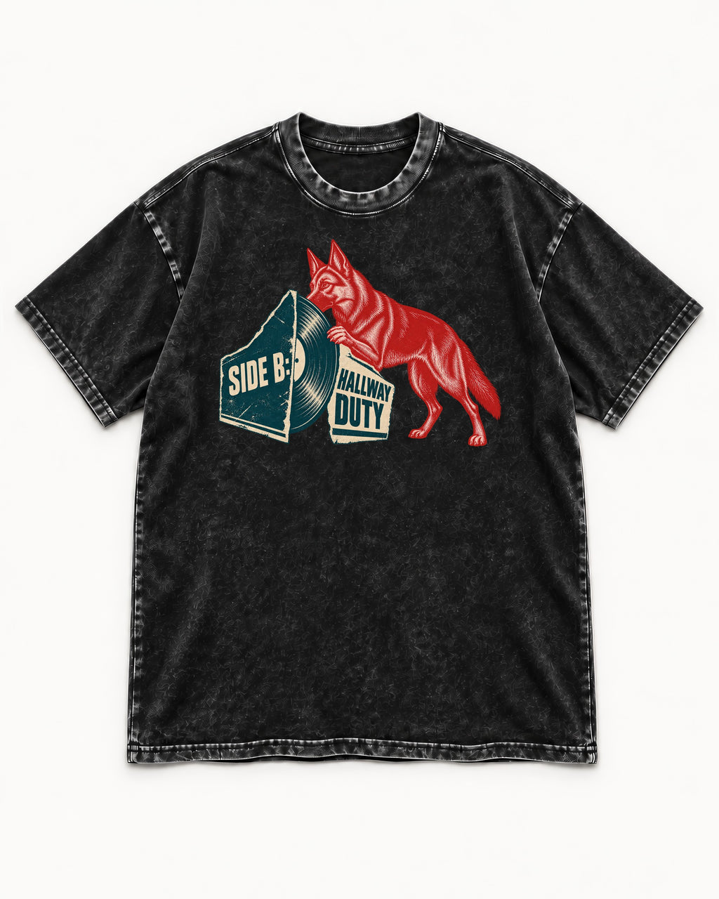 Side B Hallway Duty Vinyl Record German Shepherd Dog Graphic Washed Tee in Black, flat lay product photo