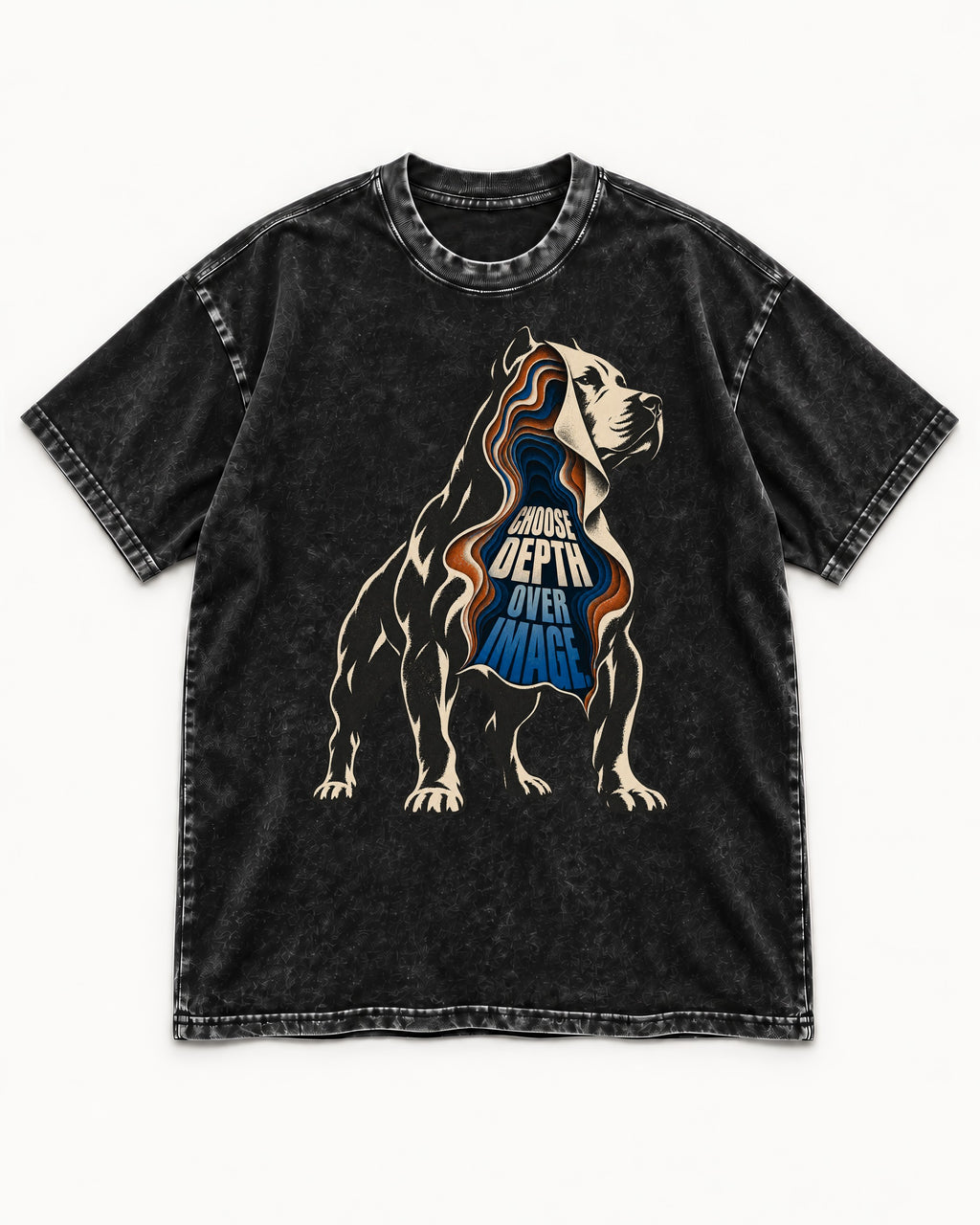 Pitbull Choose Depth Over Image Layered Cutaway Graphic Washed Tee in Black, flat lay product photo