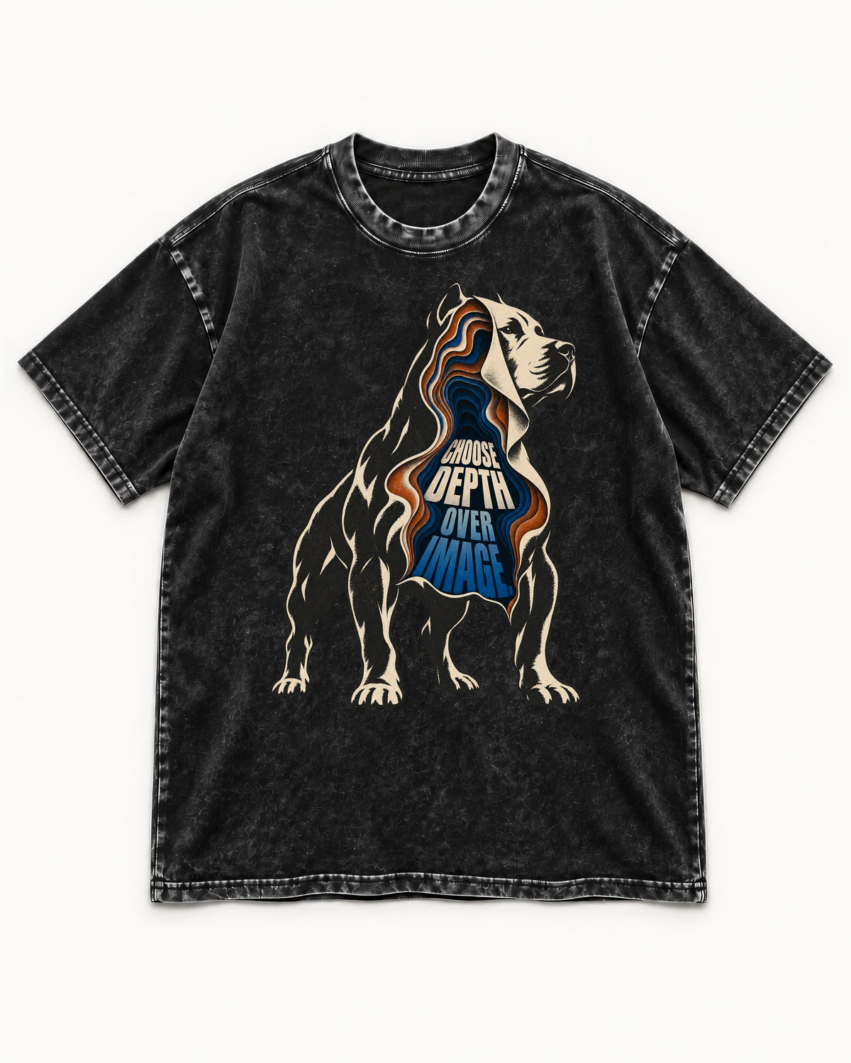 Pitbull Choose Depth Over Image Layered Cutaway Graphic Washed Tee in Black, flat lay product photo