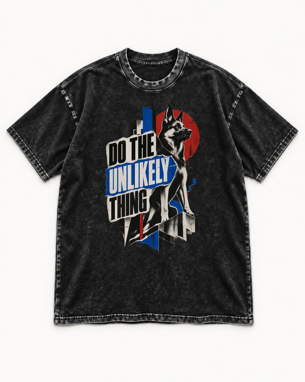 Do The Unlikely Thing Torn Poster German Shepherd Dog Graphic Washed Tee in Black, flat lay product photo