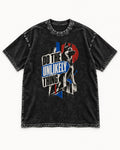 Do The Unlikely Thing Torn Poster German Shepherd Dog Graphic Washed Tee in Black, flat lay product photo