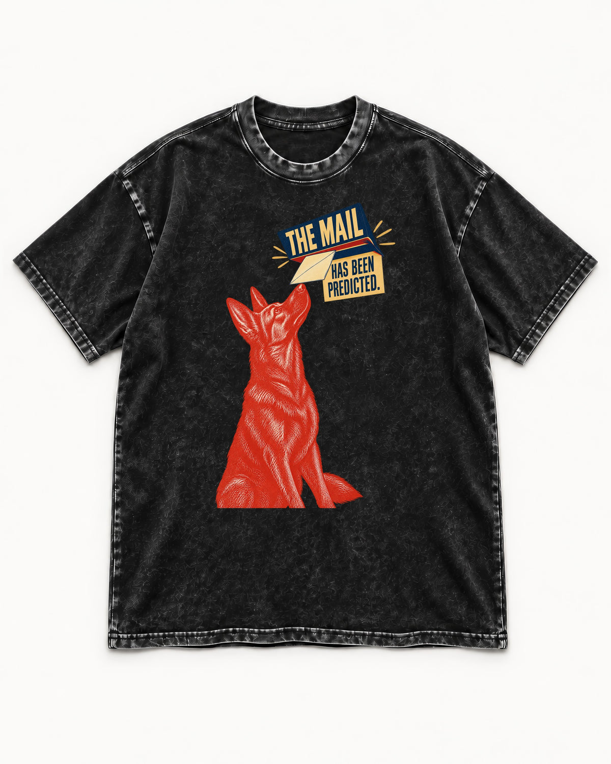 German Shepherd Dog Mail Predicted Graphic Washed Tee in Black, flat lay product photo