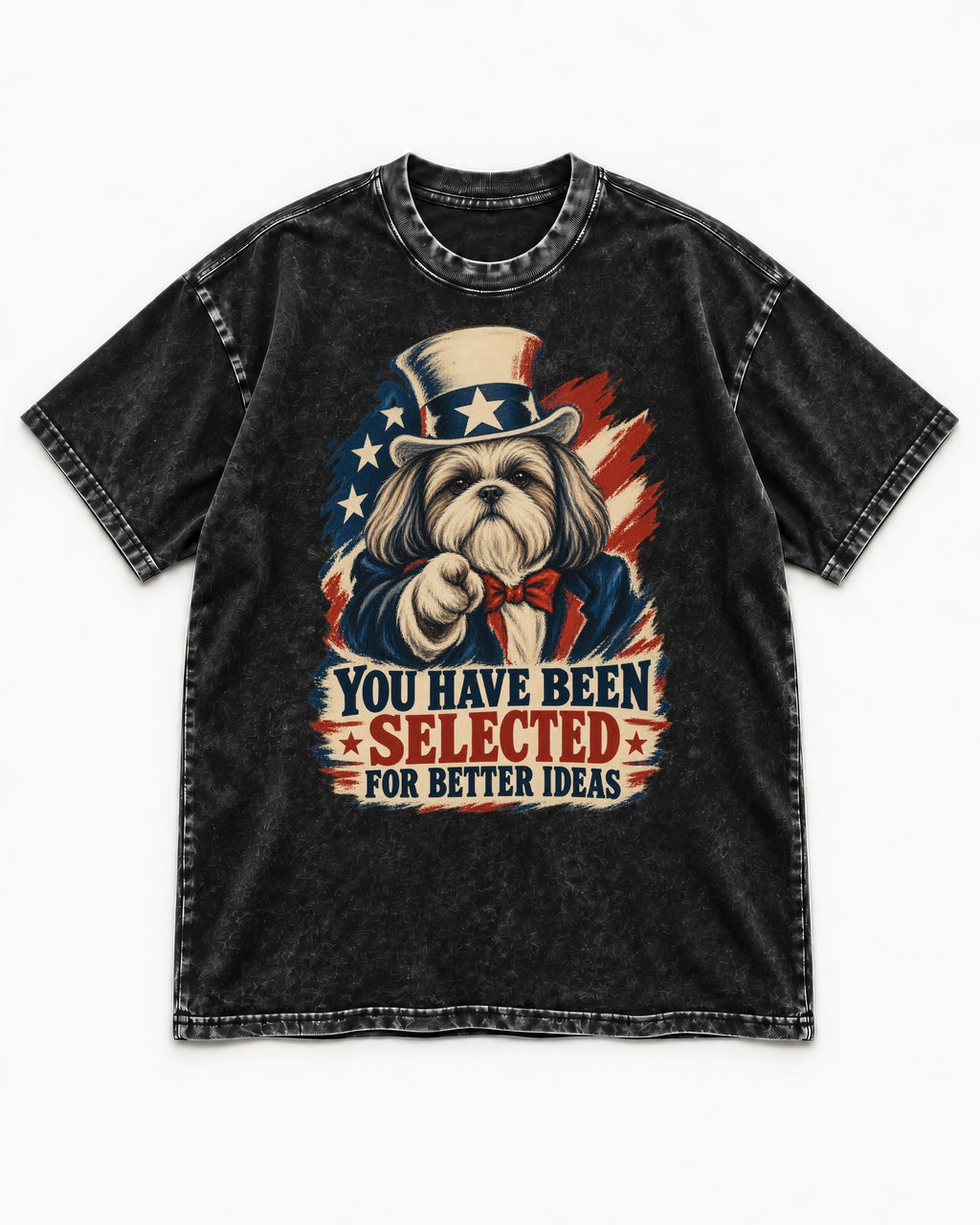 Shih Tzu You Have Been Selected Uncle Sam Graphic Washed Tee in Black, flat lay product photo