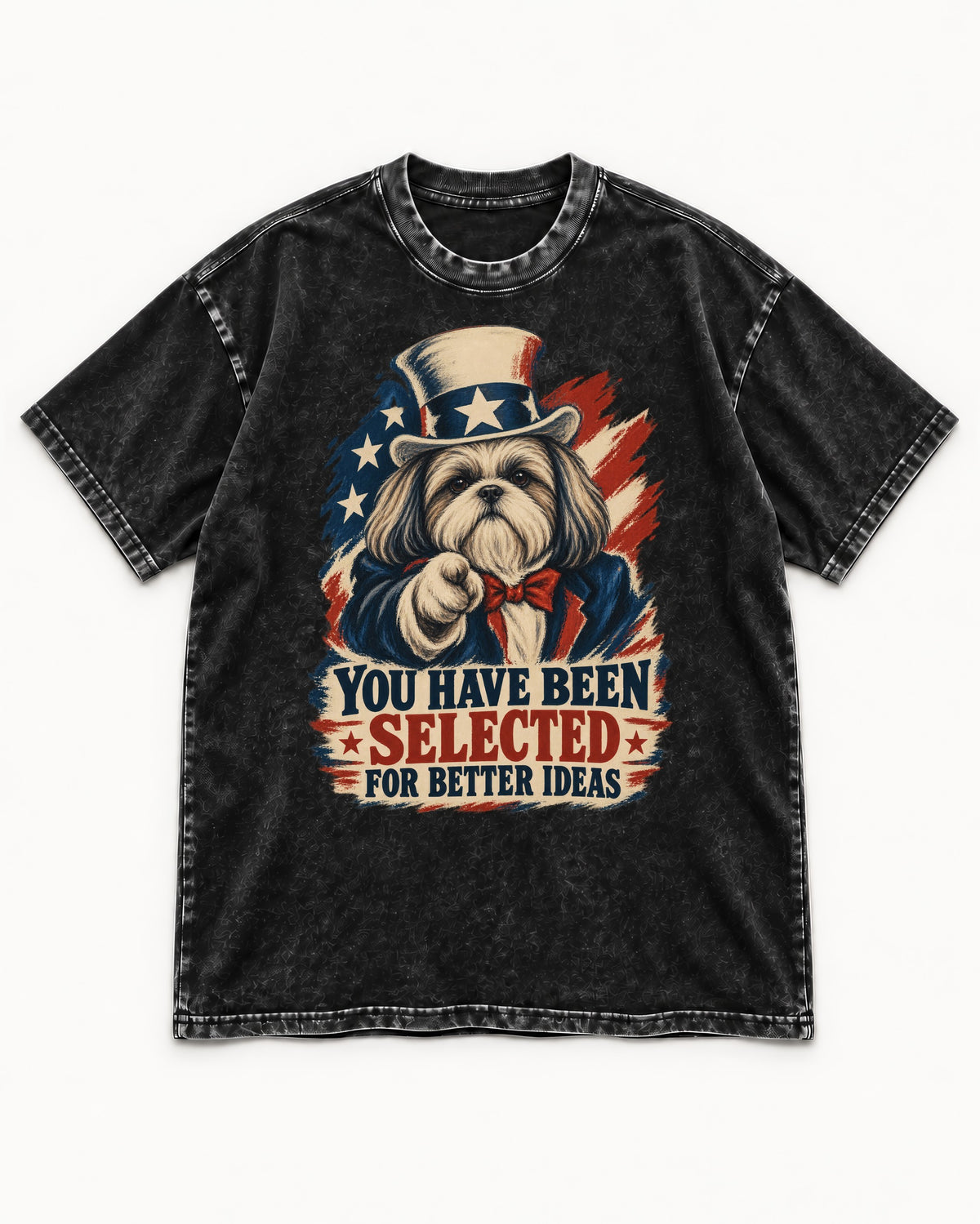 Shih Tzu You Have Been Selected Uncle Sam Graphic Washed Tee in Black, flat lay product photo