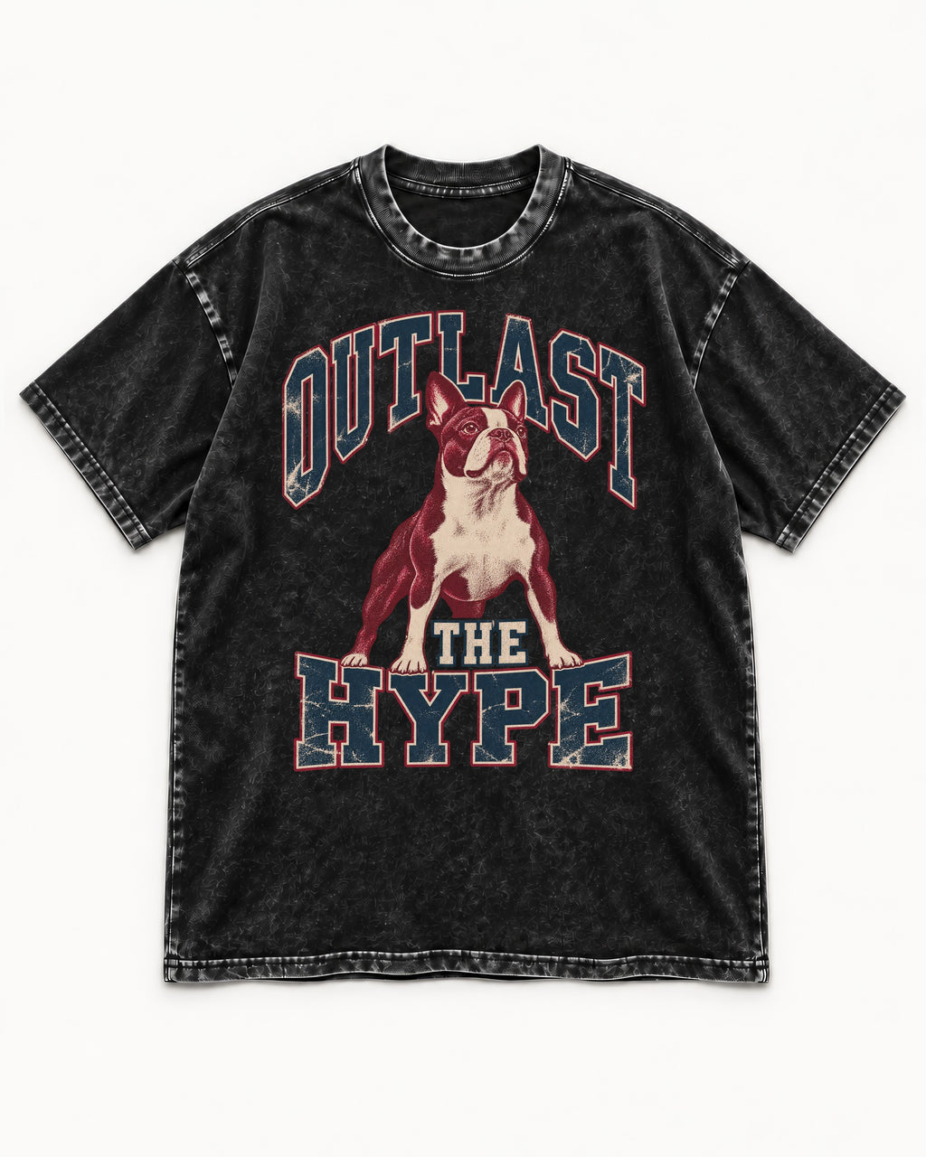Boston Terrier Outlast The Hype Collegiate Graphic Washed Tee in Black, flat lay product photo