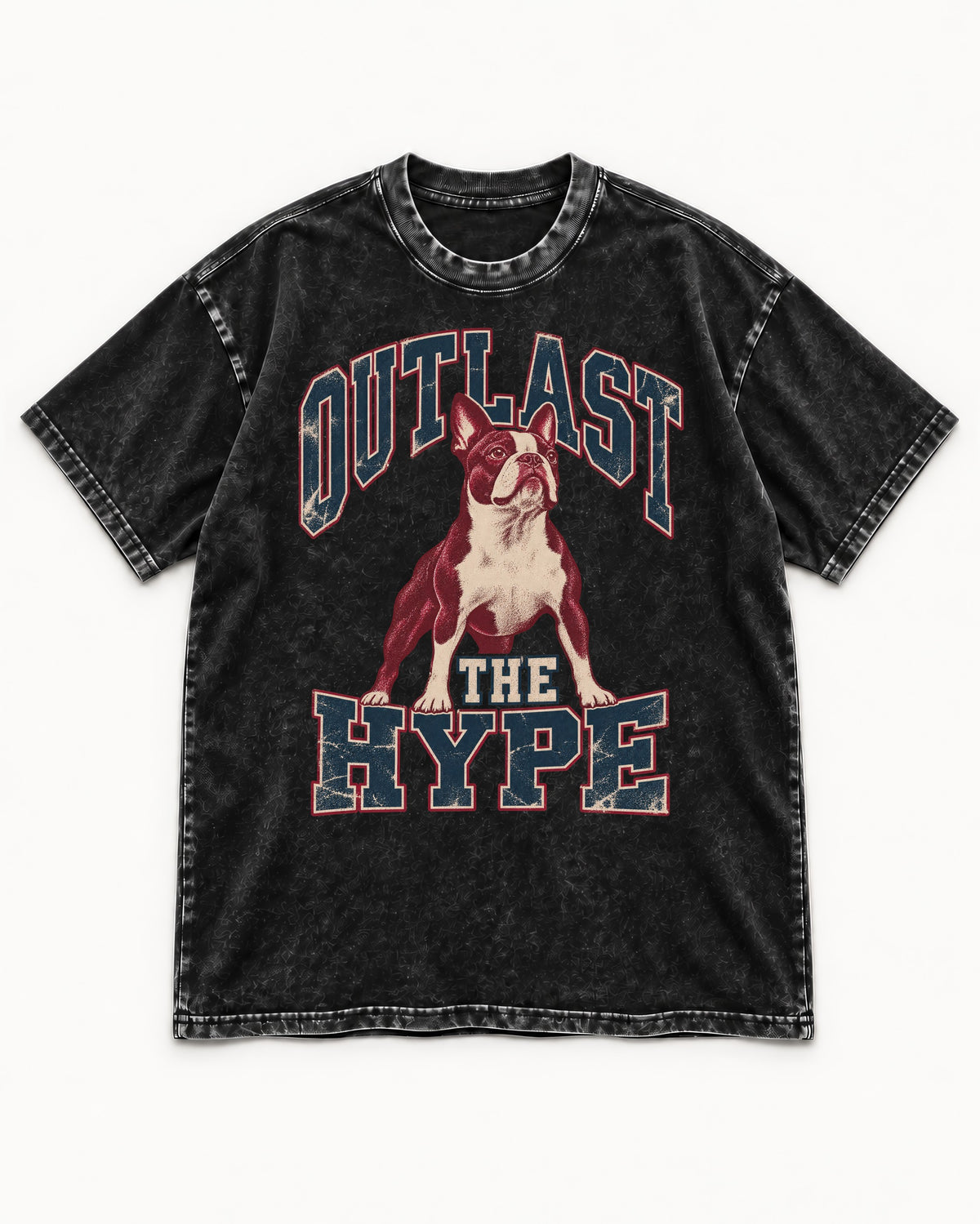 Boston Terrier Outlast The Hype Collegiate Graphic Washed Tee in Black, flat lay product photo