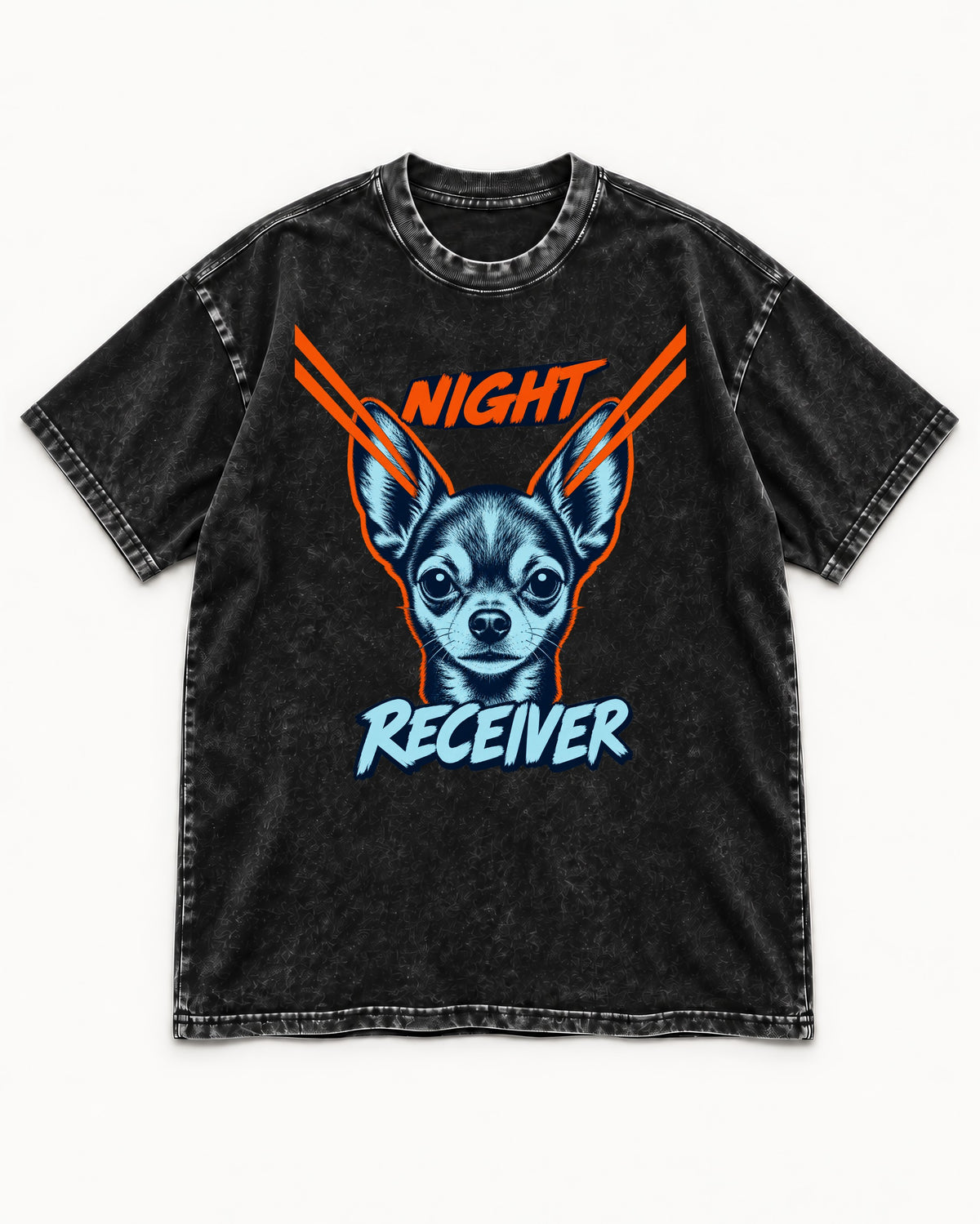 Chihuahua Night Receiver Signal Portrait Graphic Washed Tee in Black, flat lay product photo