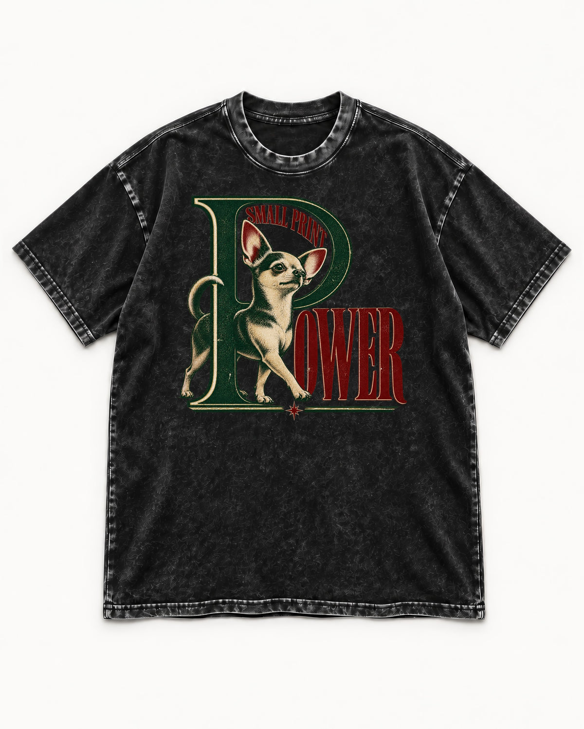 Chihuahua Small Print Power Monogram Graphic Washed Tee in Black, flat lay product photo