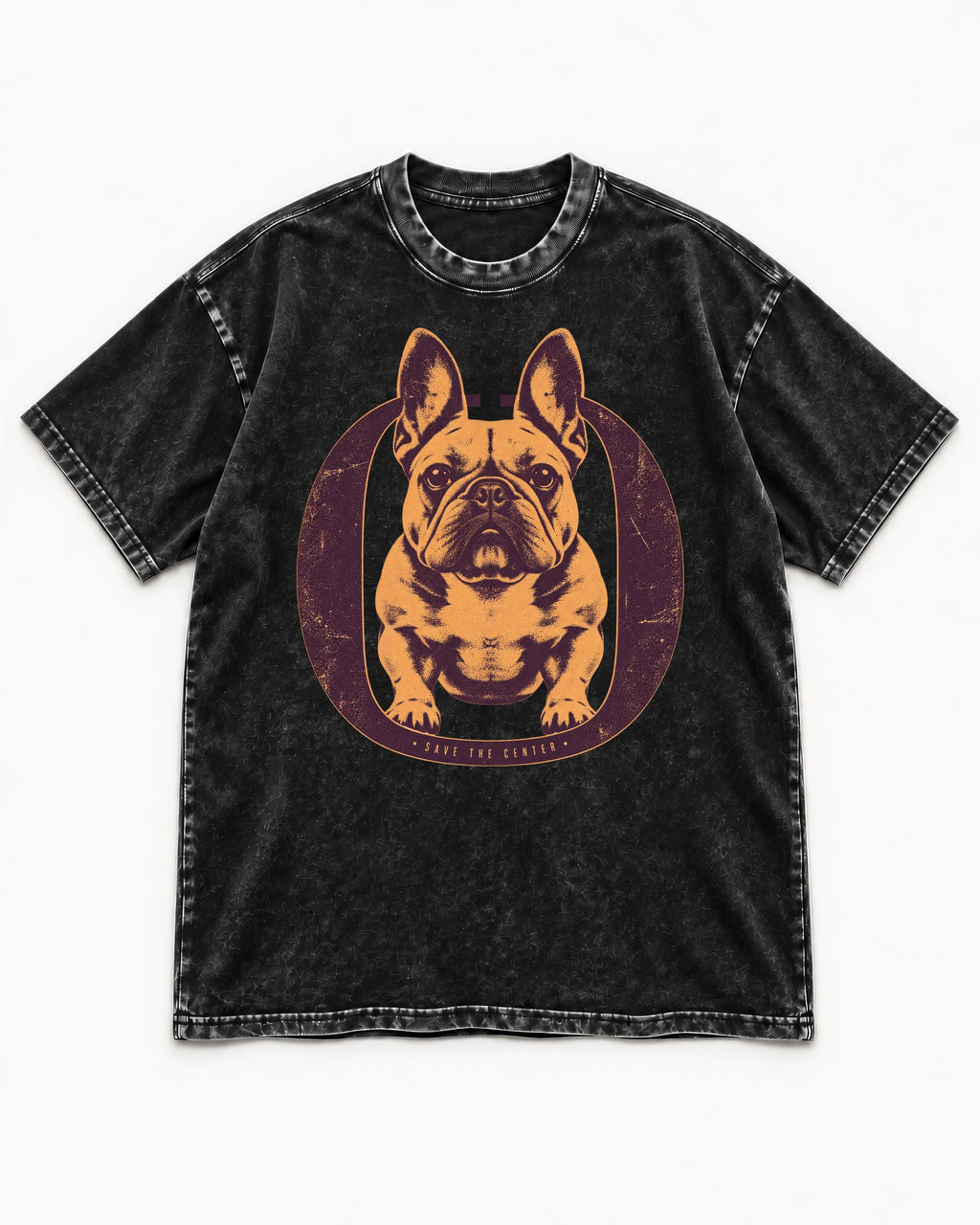 Frenchie Save the Center Oval Portrait Graphic Washed Tee in Black, flat lay product photo