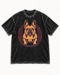 Frenchie Save the Center Oval Portrait Graphic Washed Tee in Black, flat lay product photo