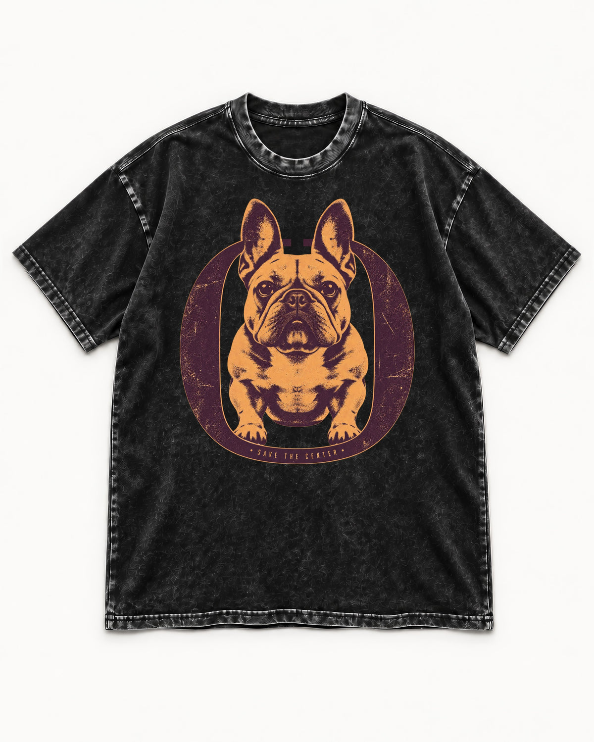 Frenchie Save the Center Oval Portrait Graphic Washed Tee in Black, flat lay product photo