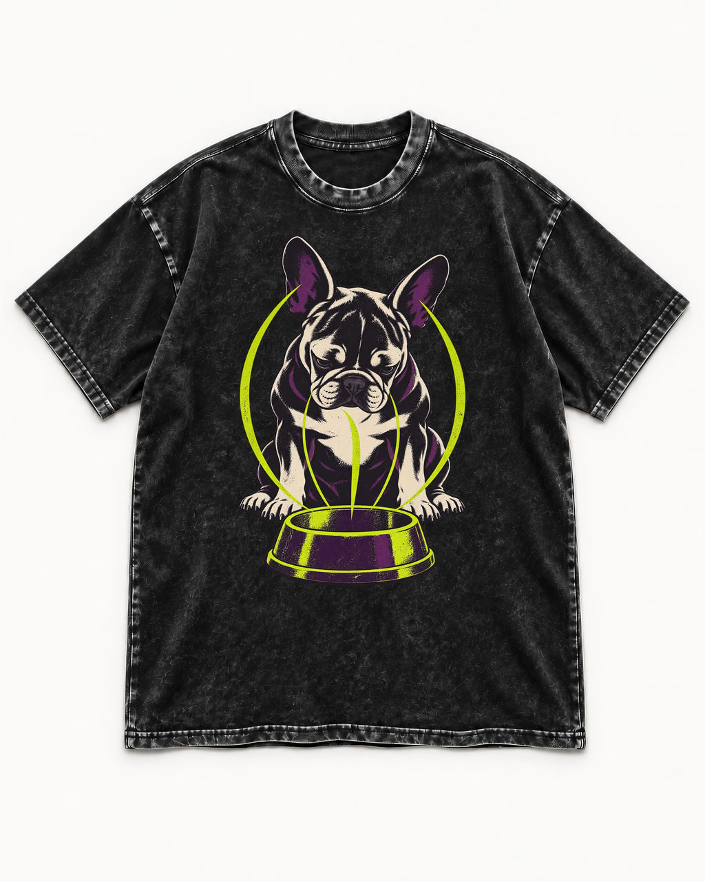 Frenchie Bowl Gravity Graphic Washed Tee in Black, flat lay product photo