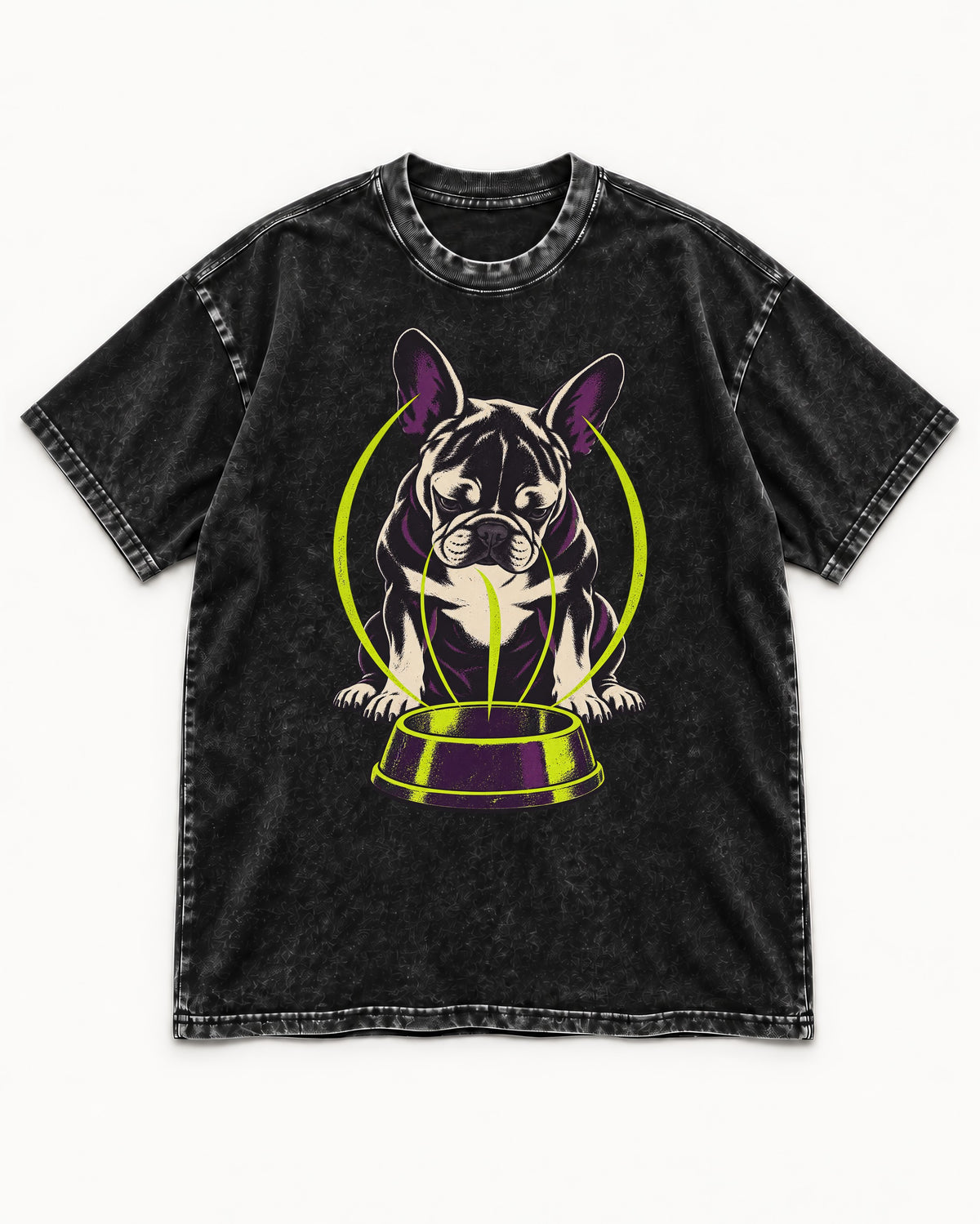 Frenchie Bowl Gravity Graphic Washed Tee in Black, flat lay product photo