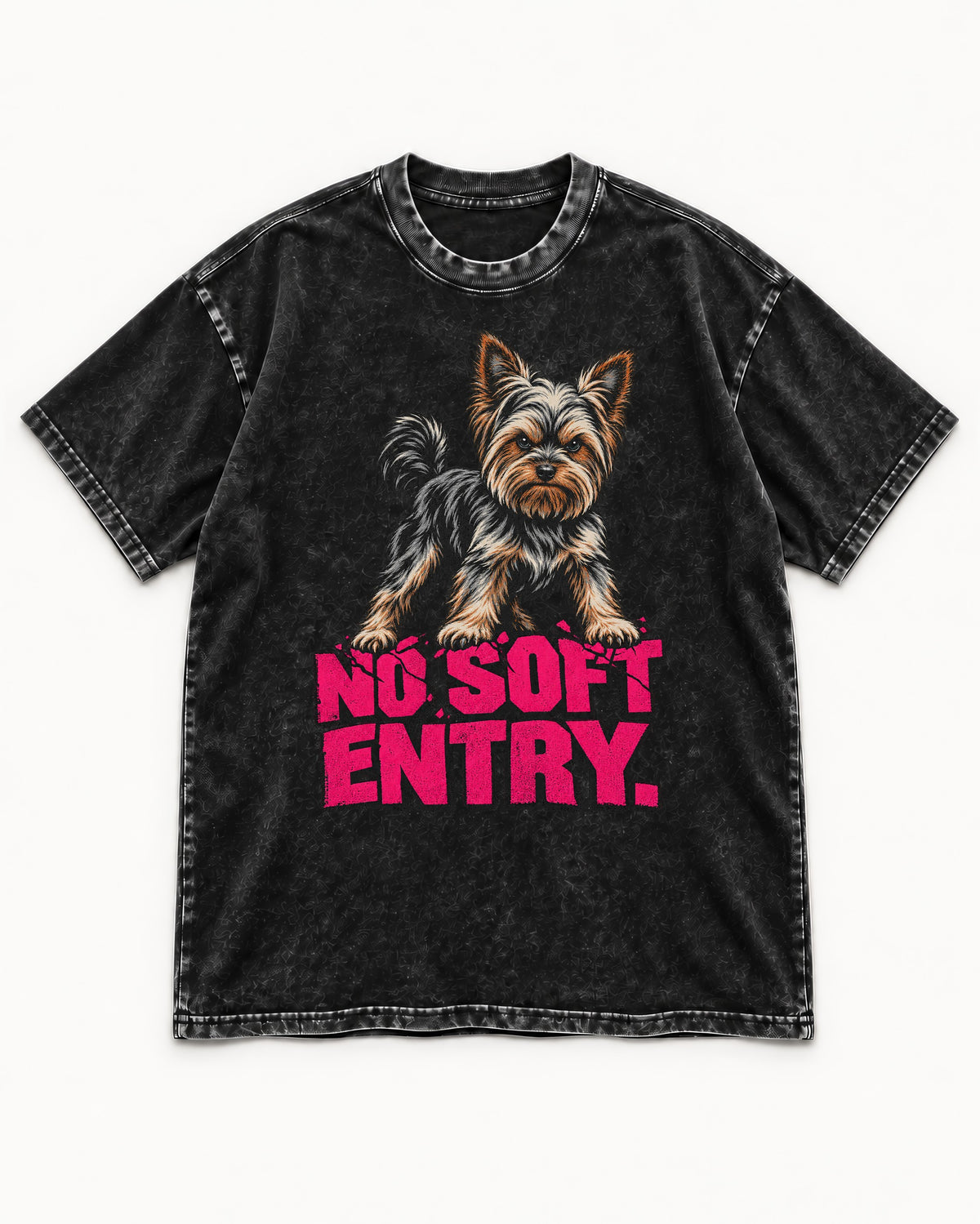 Yorkshire Terrier No Soft Entry Stance Graphic Washed Tee in Black, flat lay product photo