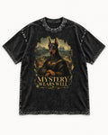 Doberman Mystery Wears Well Renaissance Portrait Graphic Washed Tee in Black, flat lay product photo
