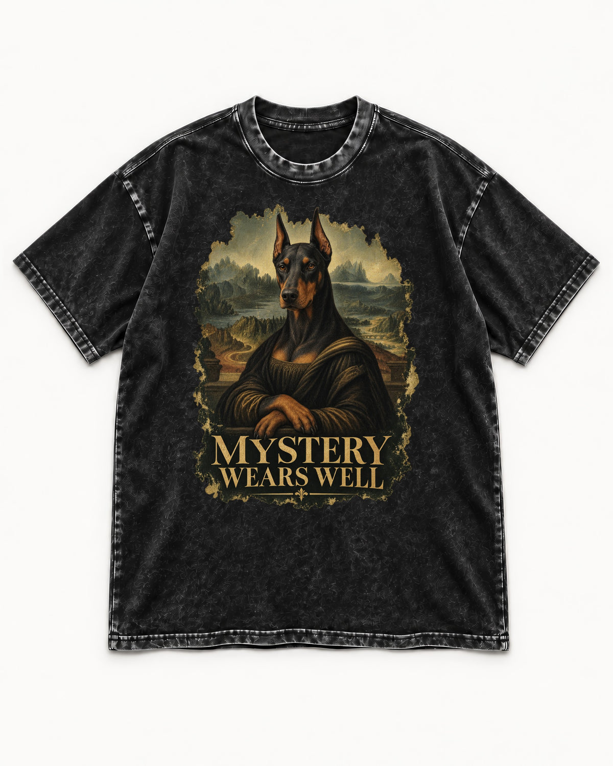 Doberman Mystery Wears Well Renaissance Portrait Graphic Washed Tee in Black, flat lay product photo
