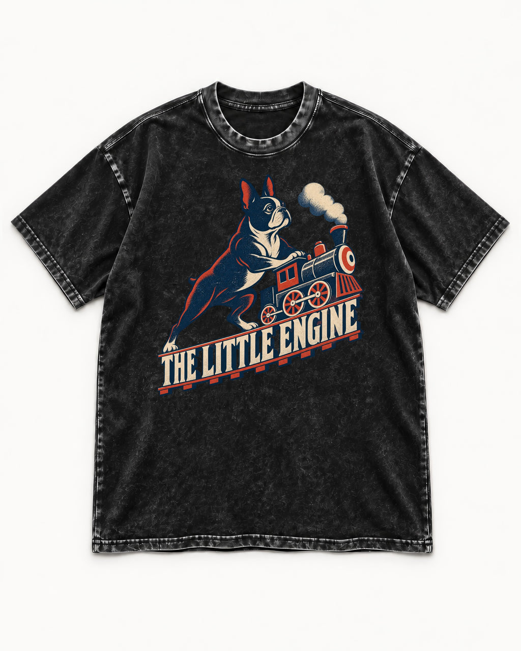Boston Terrier The Little Engine Washed Tee in Black, flat lay product photo