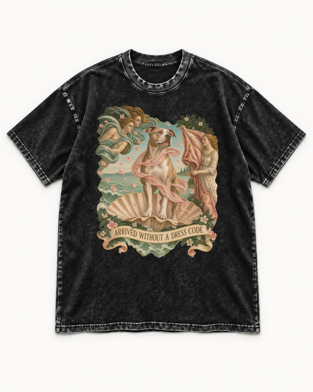 Pitbull Arrived Without a Dress Code Venus Parody Graphic Washed Tee in Black, flat lay product photo
