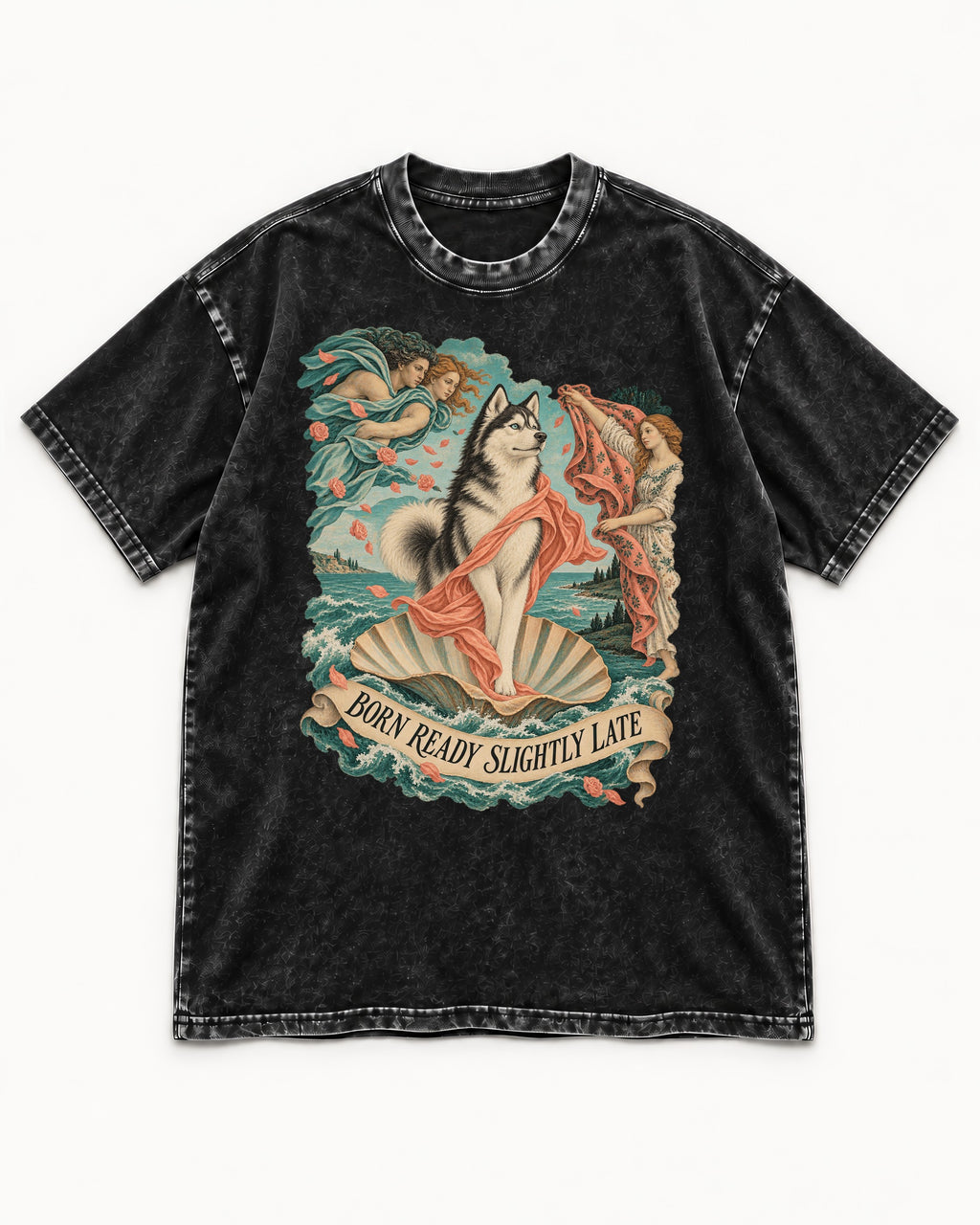 Husky Born Ready Slightly Late Renaissance Graphic Washed Tee in Black, flat lay product photo