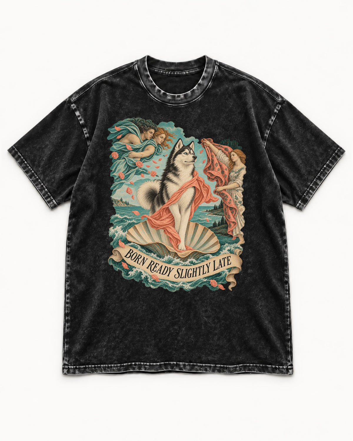Husky Born Ready Slightly Late Renaissance Graphic Washed Tee in Black, flat lay product photo