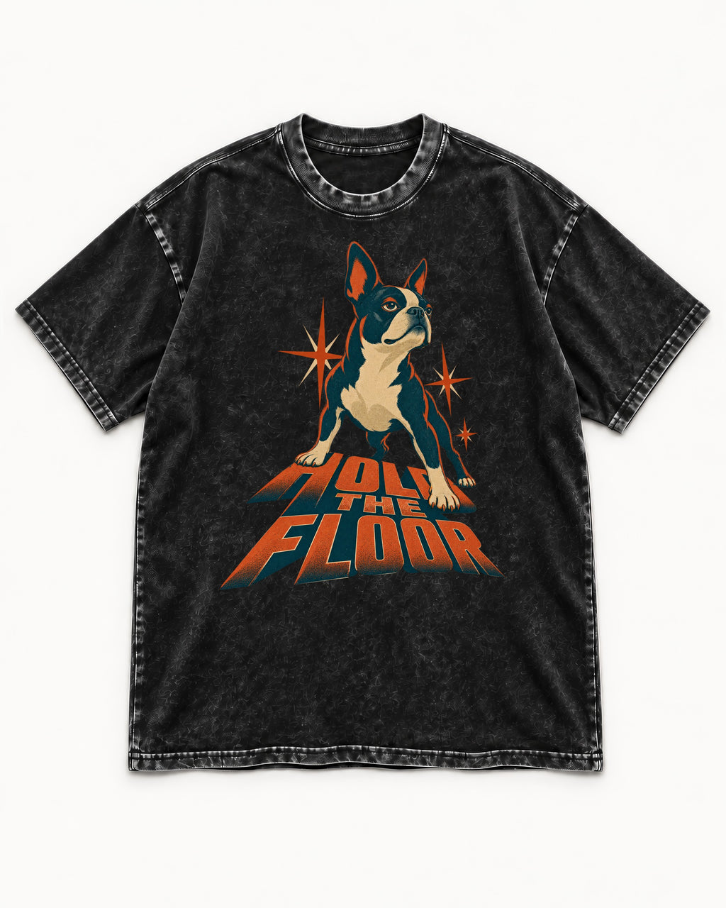 Boston Terrier On The Floor Perspective Graphic Washed Tee in Black, flat lay product photo