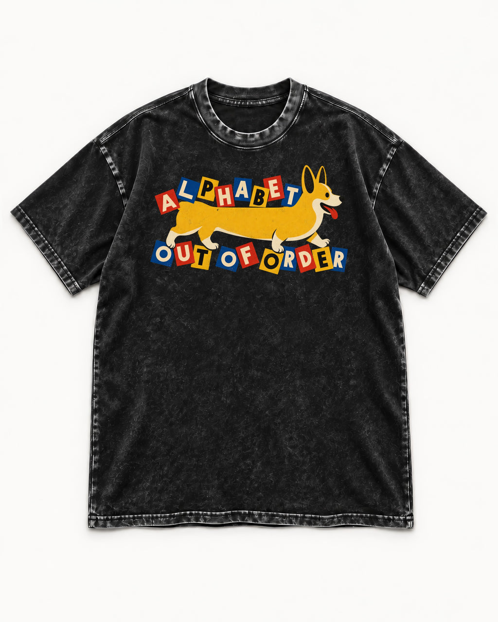Corgi Alphabet Out of Order Graphic Washed Tee in Black, flat lay product photo