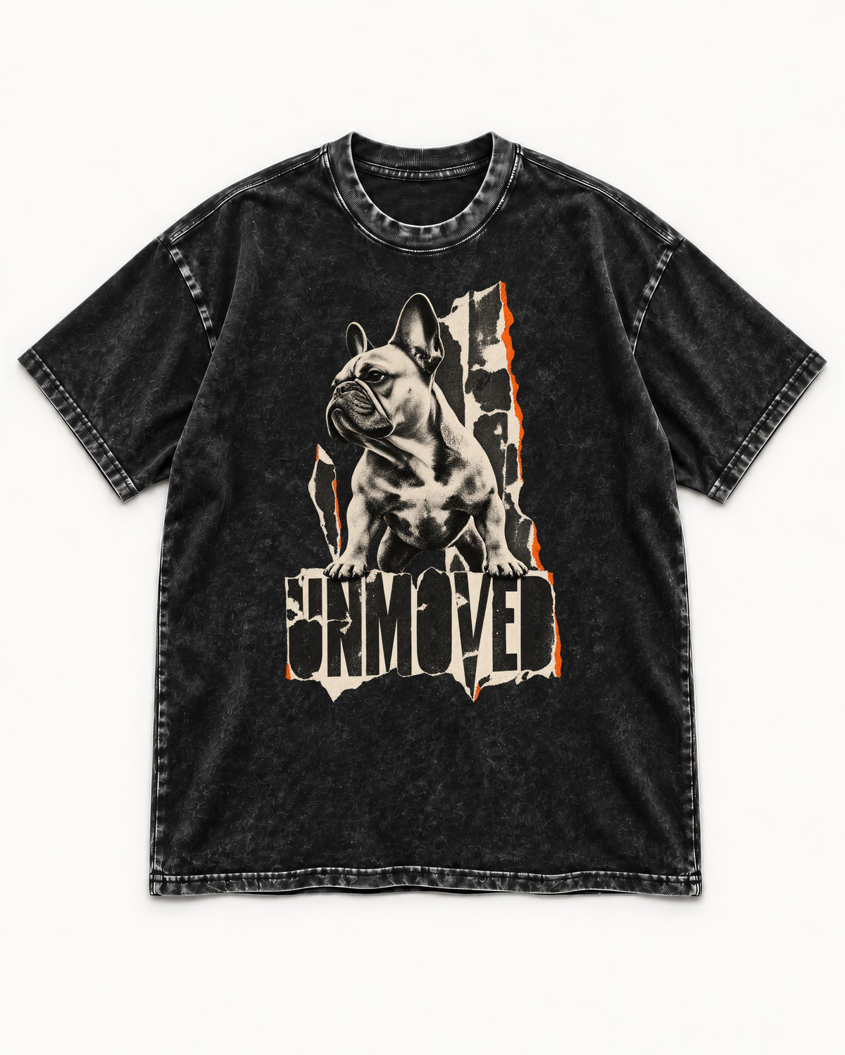 Frenchie Unmoved Torn Poster Graphic Washed Tee in Black, flat lay product photo