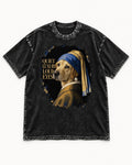Labrador Retriever Quiet Luxury Loud Eyes Pearl Earring Graphic Washed Tee in Black, flat lay product photo