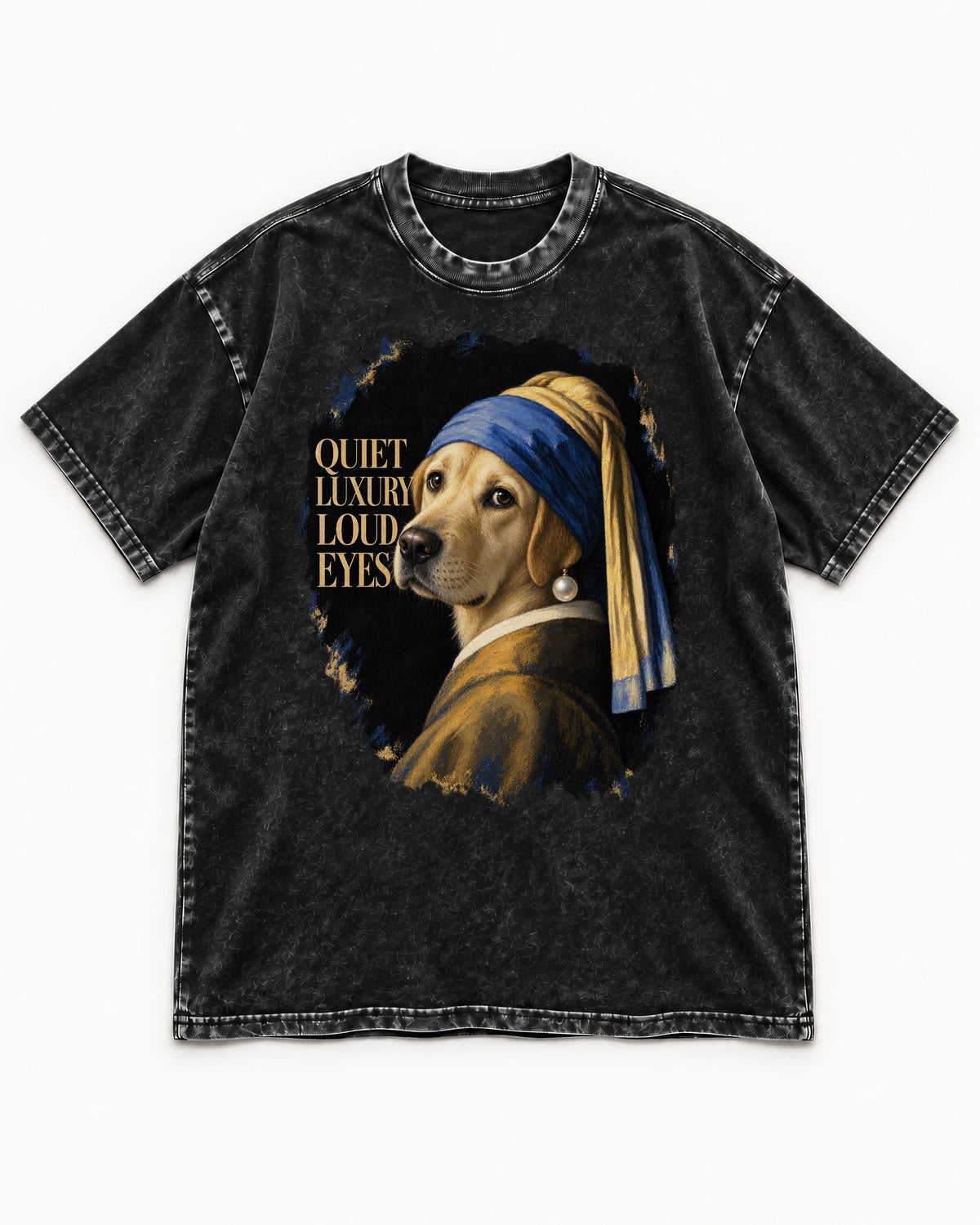 Labrador Retriever Quiet Luxury Loud Eyes Pearl Earring Graphic Washed Tee in Black, flat lay product photo