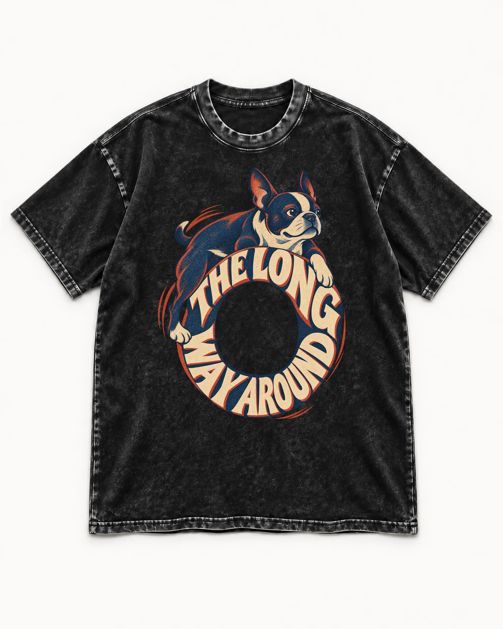 Boston Terrier the Long Way Around Washed Tee in Black, flat lay product photo