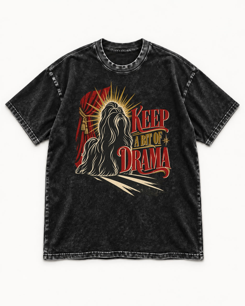 Shih Tzu Keep a Bit of Drama Theater Graphic Washed Tee in Black, flat lay product photo