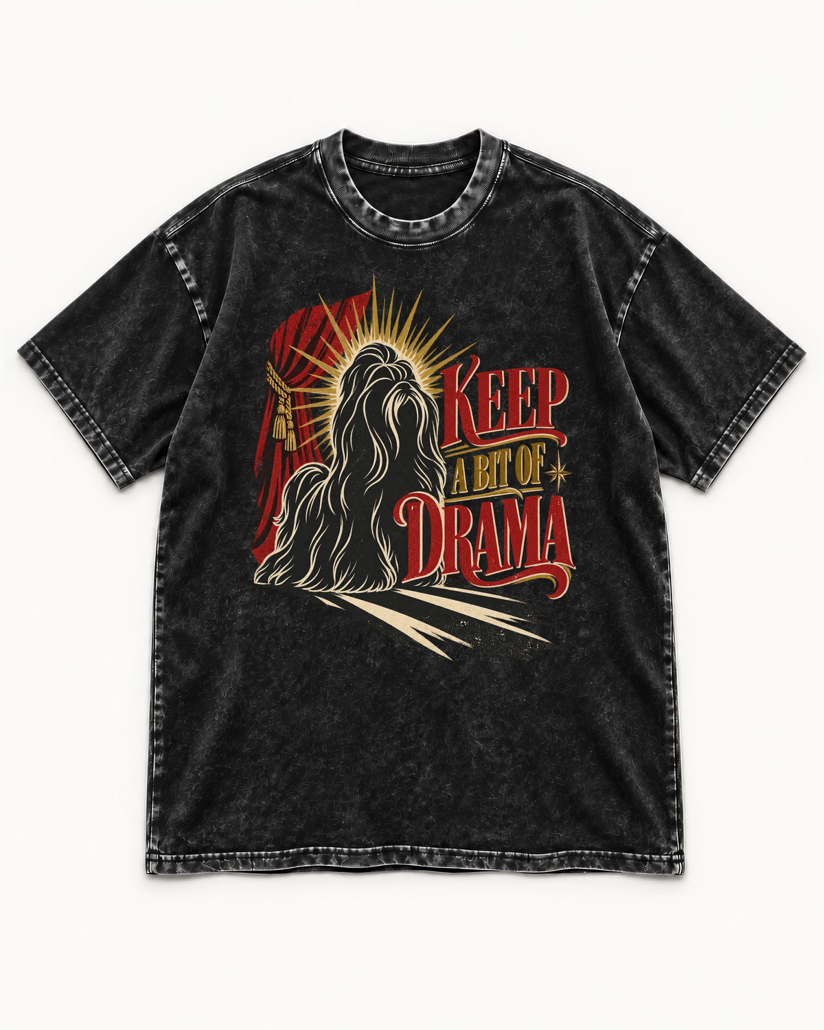 Shih Tzu Keep a Bit of Drama Theater Graphic Washed Tee in Black, flat lay product photo
