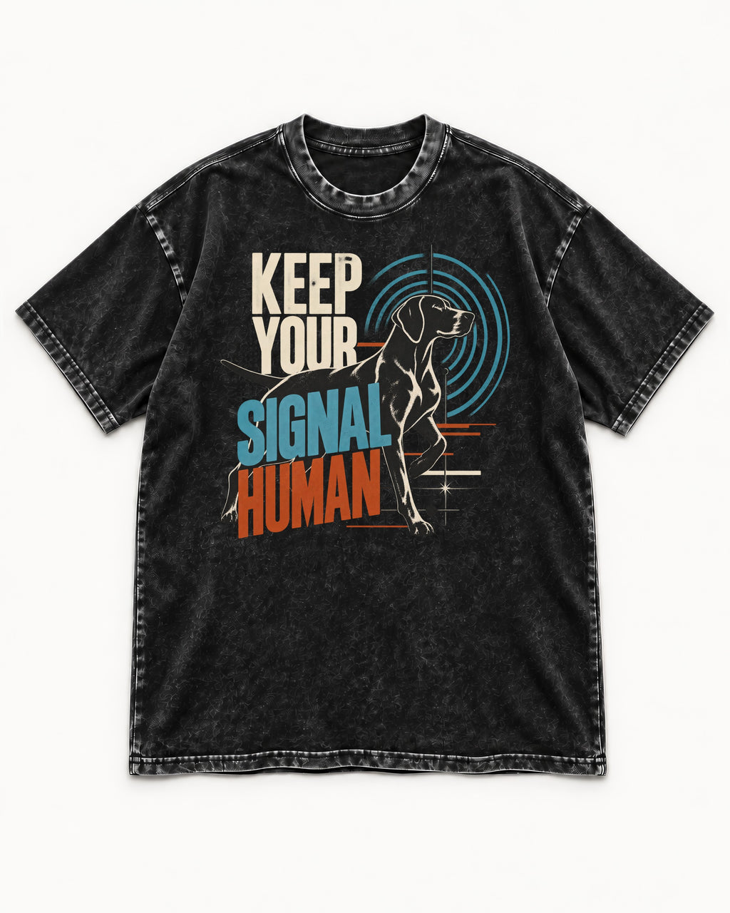 German Shorthaired Pointer Keep Your Signal Human Broadcast Graphic Washed Tee in Black, flat lay product photo