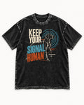 German Shorthaired Pointer Keep Your Signal Human Broadcast Graphic Washed Tee in Black, flat lay product photo