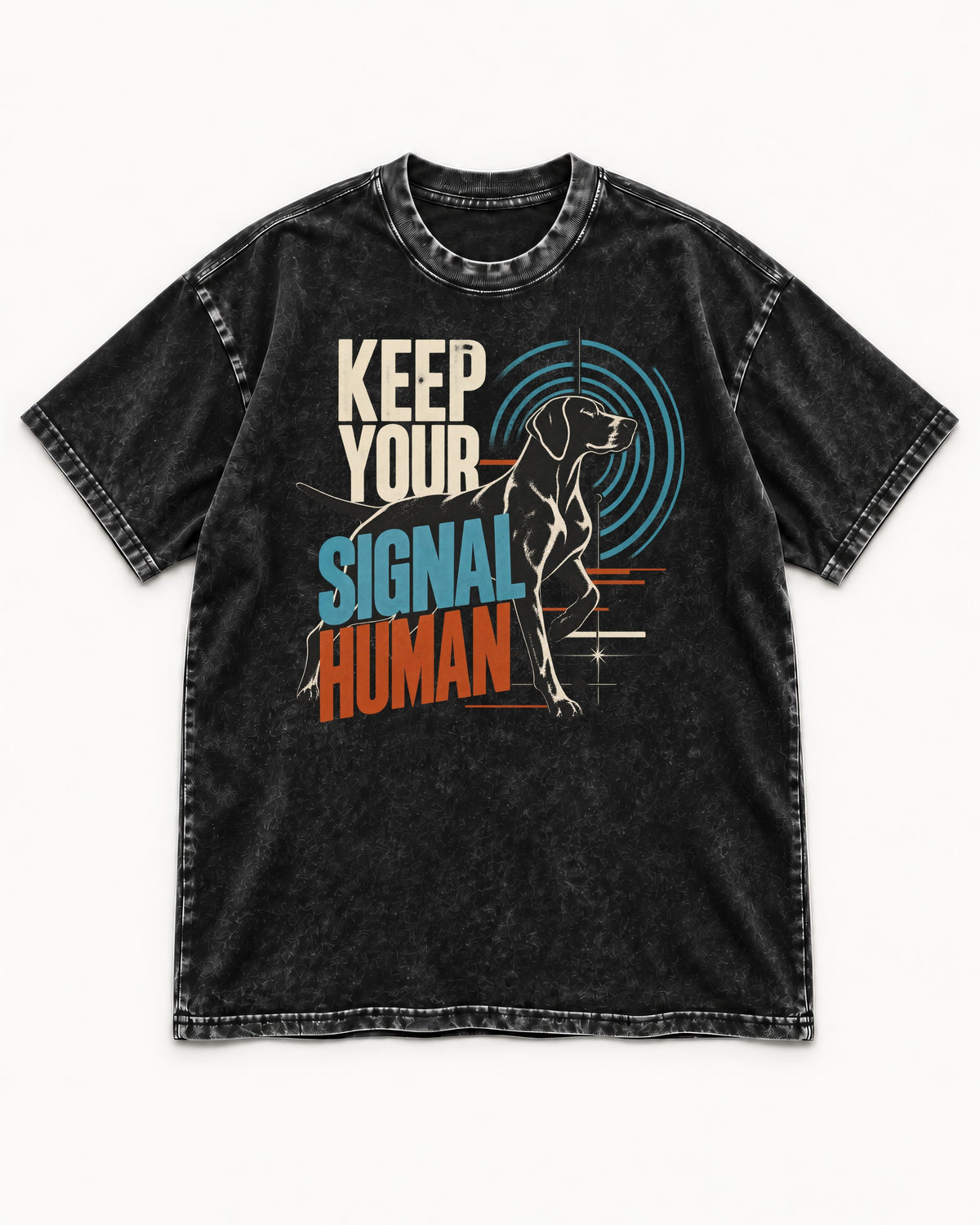 German Shorthaired Pointer Keep Your Signal Human Broadcast Graphic Washed Tee in Black, flat lay product photo
