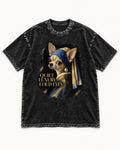 Chihuahua Quiet Luxury Loud Eyes Pearl Earring Portrait Washed Tee in Black, flat lay product photo