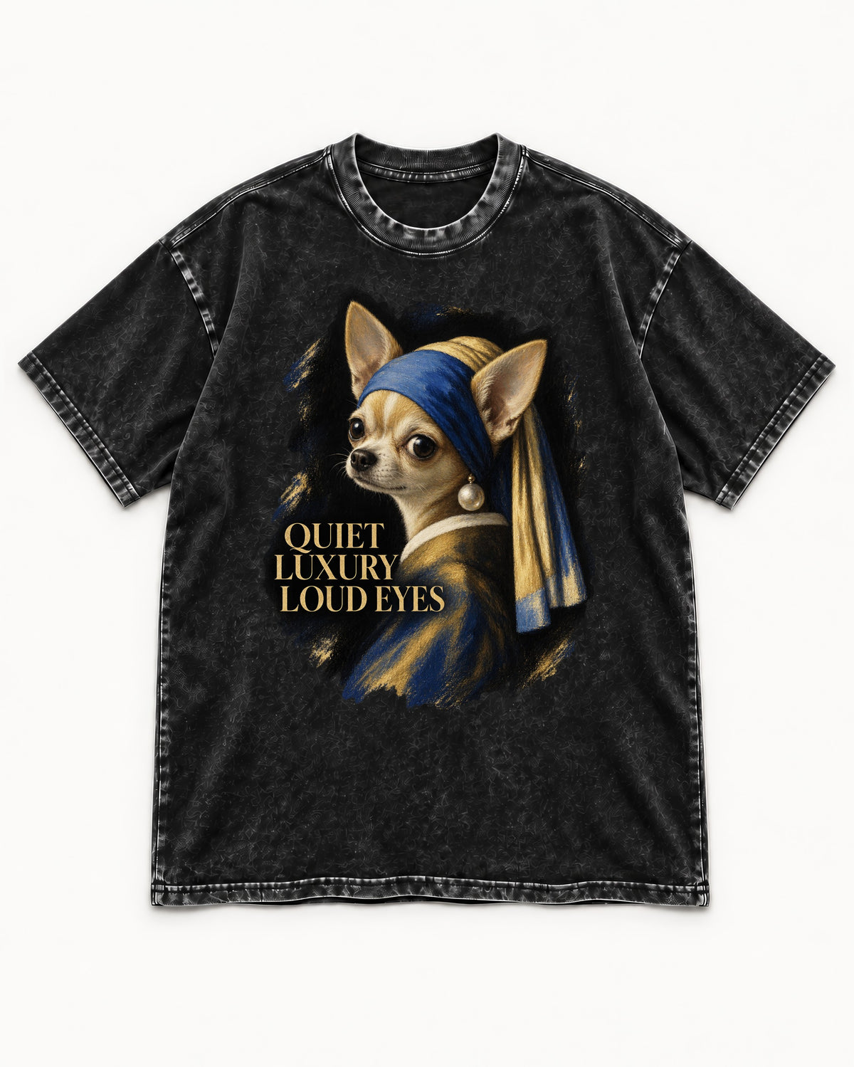 Chihuahua Quiet Luxury Loud Eyes Pearl Earring Portrait Washed Tee in Black, flat lay product photo