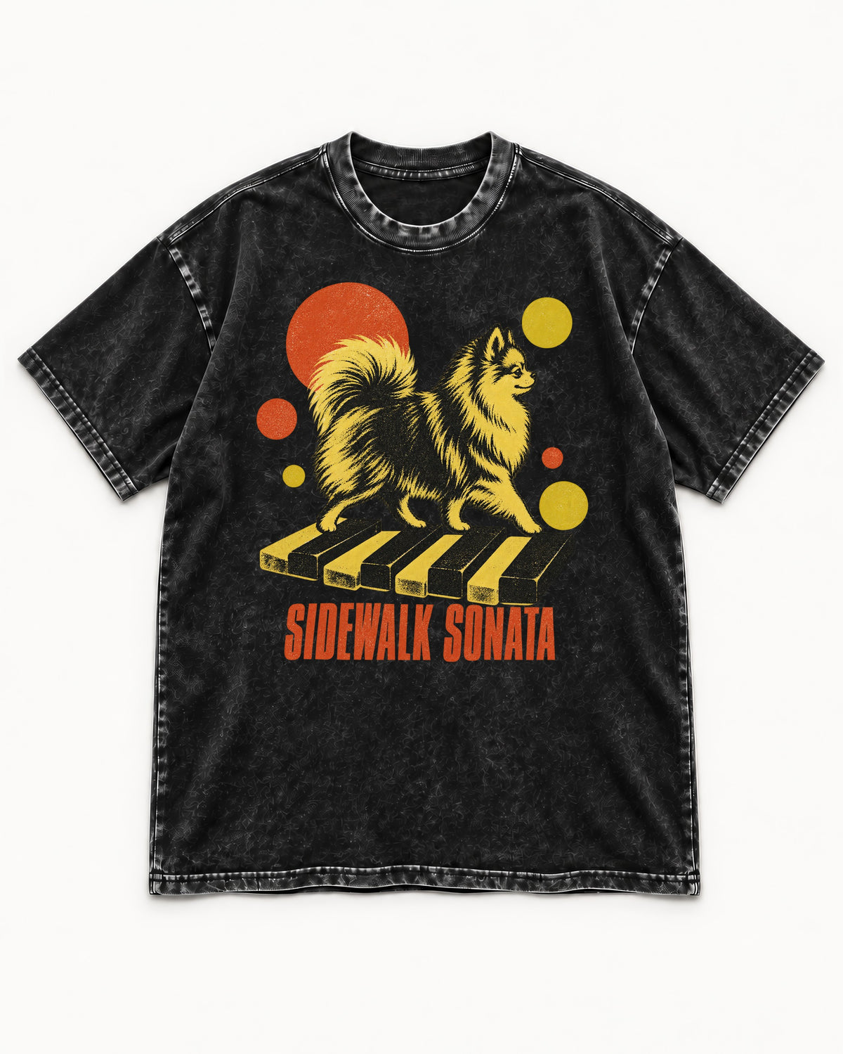 Pomeranian Sidewalk Sonata Piano Graphic Washed Tee in Black, flat lay product photo