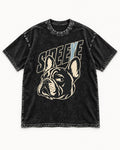 Frenchie Side Eye Portrait Graphic Washed Tee in Black, flat lay product photo